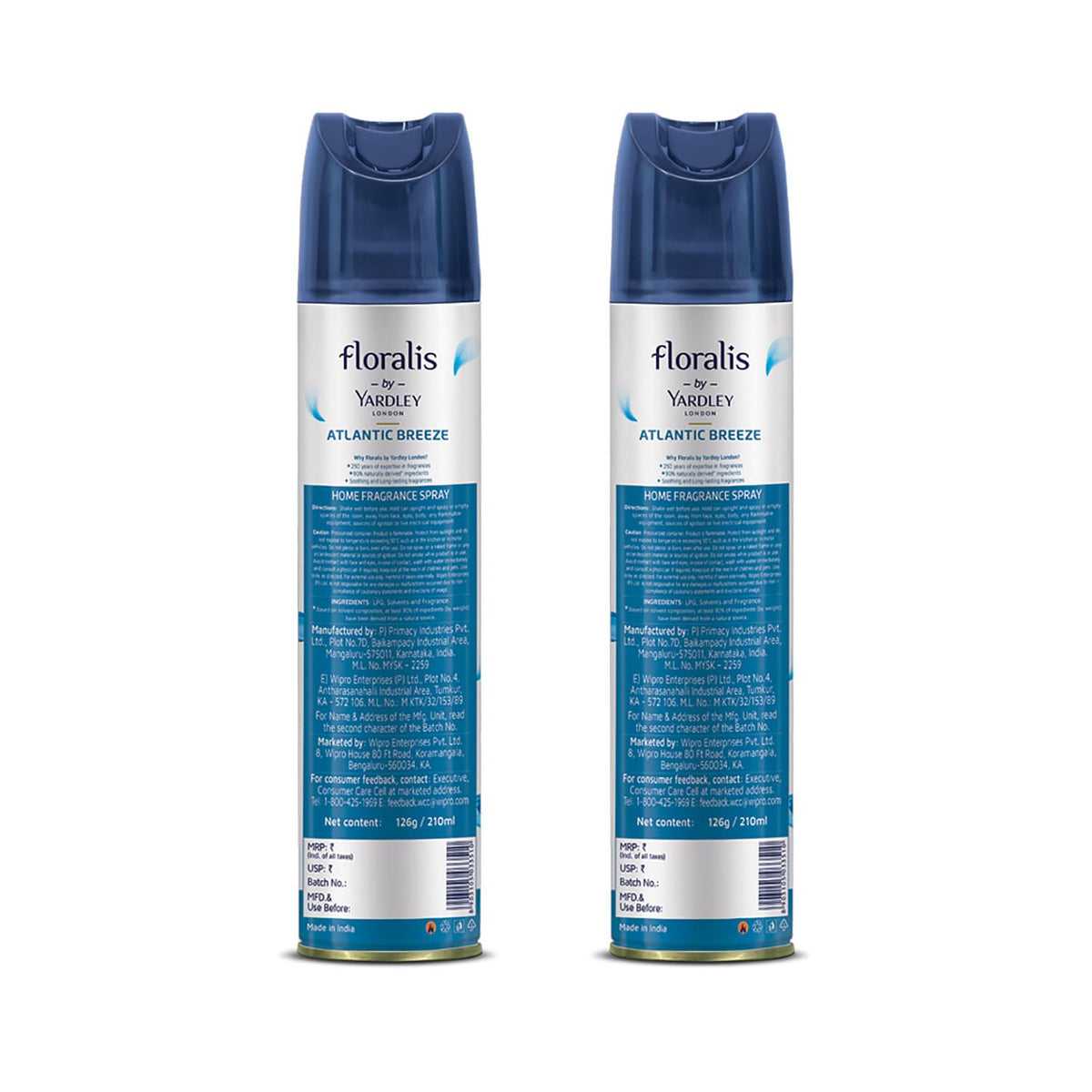 Yardley London Floralis Air Freshener Spray | Atlantic Breeze| Long Lasting Floral Fragrance For Home & Office| Home Fragrance Spray| 90% Naturally Derived| 210Ml (Pack Of 2)