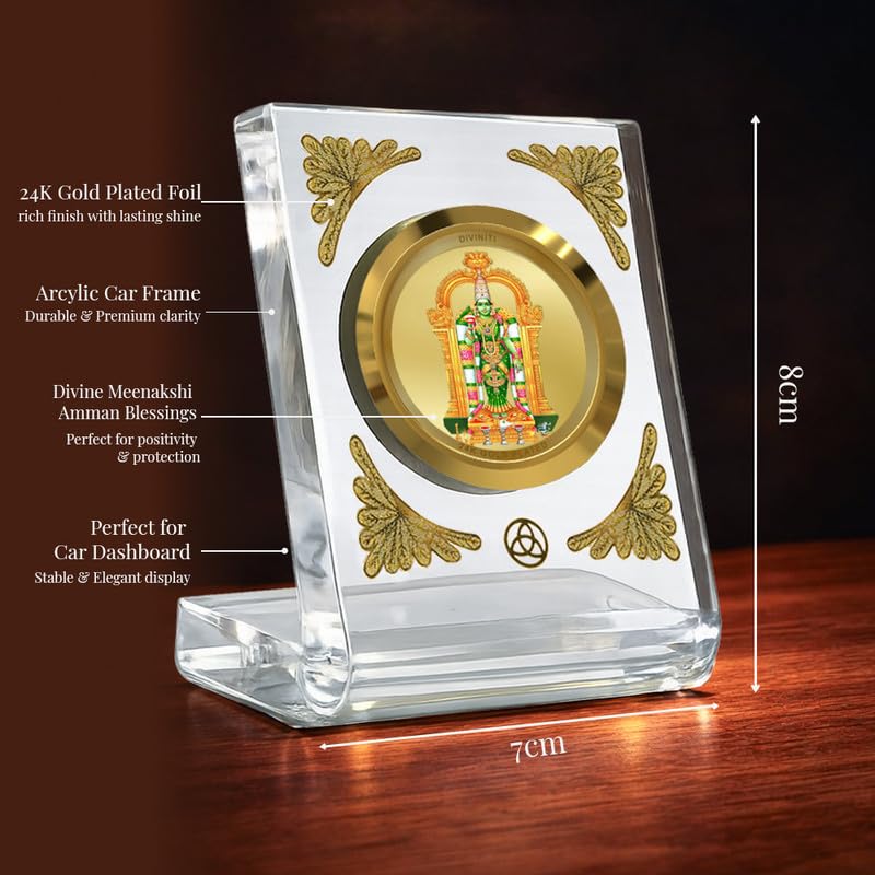 DIVINITI 24K Gold Plated Meenakshi Amman Acrylic Frame for Car Dashboard, Home Temple & Office Table | Premium Spiritual Gift, Blessings for Protection & Positivity, 8x7 cm Decorative Showpiece
