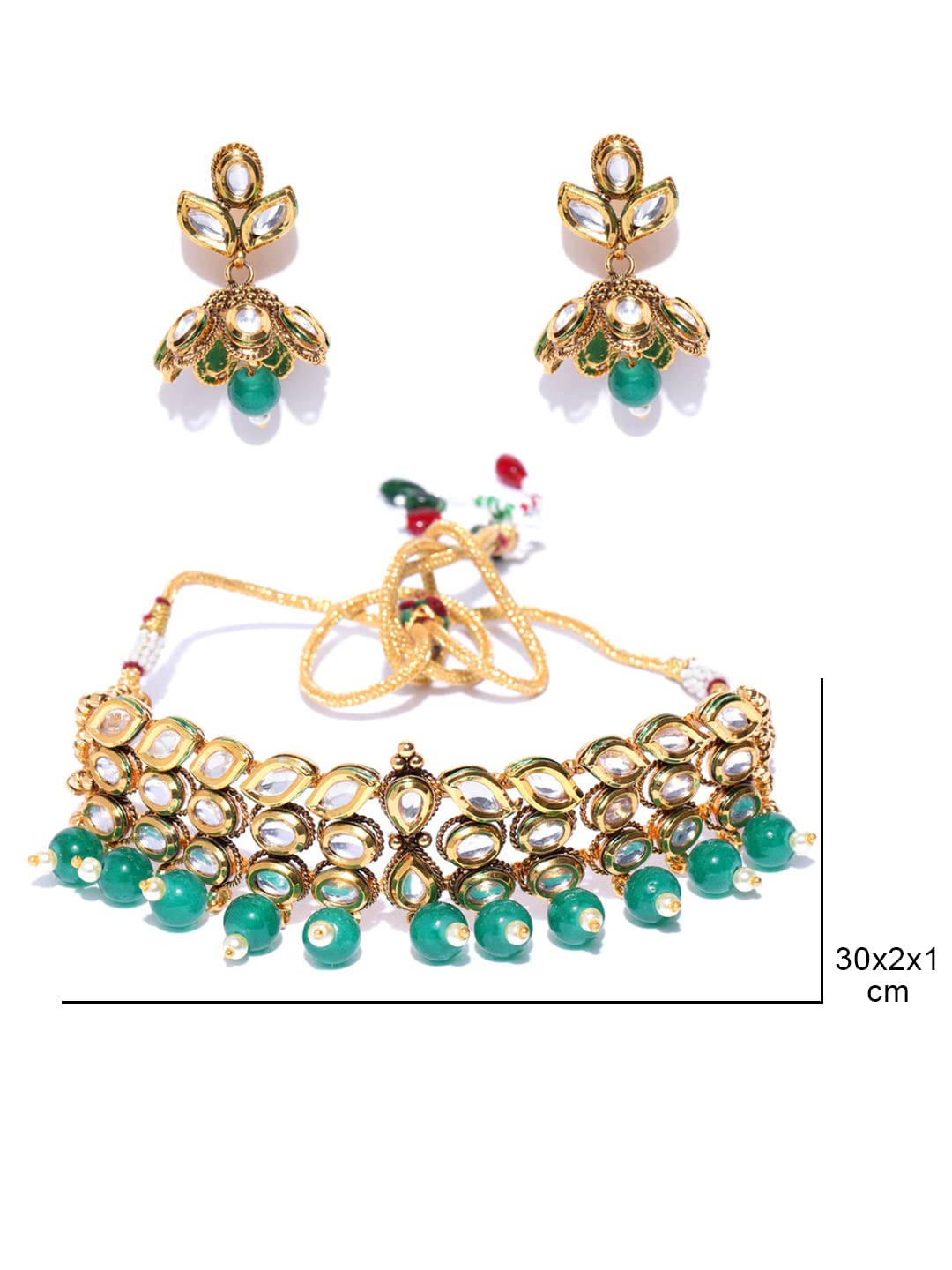 Priyaasi Green Beads And Kundan Choker Necklace Set With Earrings for Women