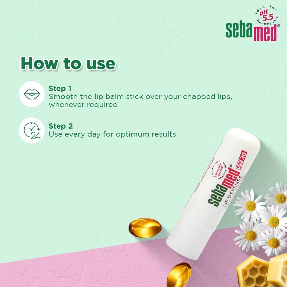 SebaMed Lip Defense Lip Balm With Spf 30 + Vit E | Regenerates Dry, Chapped Lips | Intensive Care With Vit E, Jojoba Oil & Chamomile | Clinically Tested | 4.8 Gm, White | Pack of 4