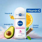NIVEA Natural Glow Smooth Skin Deodorant Underarm Roll On For Women|Vitamin C,Vitamin E,Avocado Oil And Licorice Extract|72 H Even Toned,Smooth & Bright Underarms|0% Alcohol And Dermat Approved|50 Ml