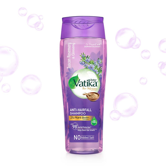 Dabur Vatika Bio-Infusions Anti Hairfall Shampoo | Tuscan Rosemary & Ginseng | 2% Plant Biotin + Vitamin B7 | 98% Reduction in Hairfall | Boost Hair Growth | No Added Salt | For Weak & Breakage-Prone Hair