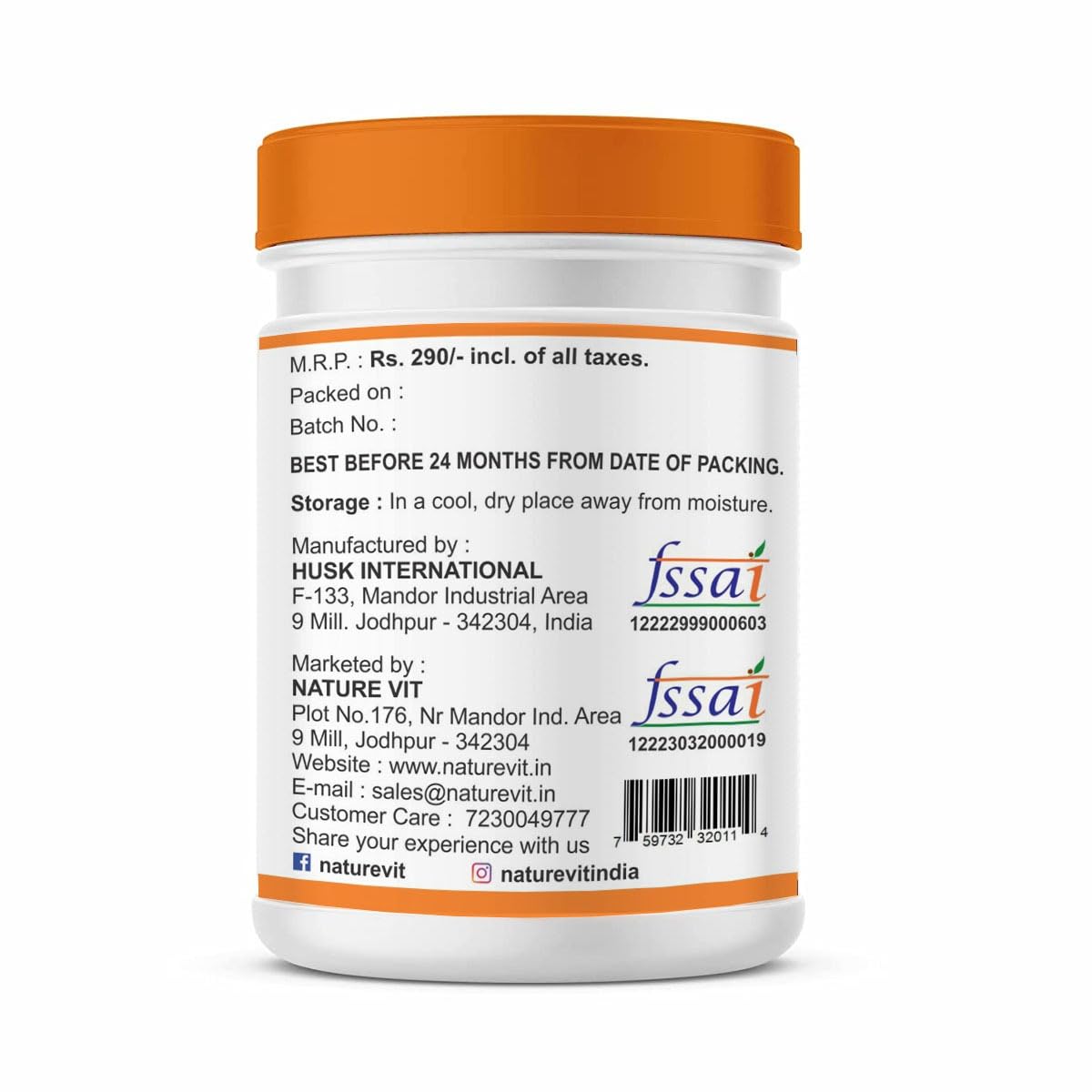 NatureVit Orange Flavour Psyllium Husk Powder 100g | Isabgol for Constipation Relief | Ayurvedic, Non-Habit Forming, High Soluble Fiber Supplement