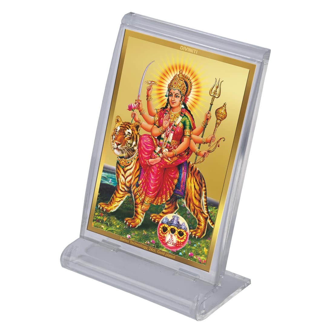 DIVINITI 24K Gold Plated Religious Car Dashboard Frame | Premium God Idol Frame for Car, Home Mandir & Office Table | Spiritual Gift, Decorative Showpiece | Maa Durga