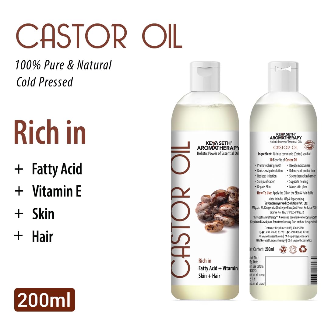 KEYA SETH AROMATHERAPY Cold Pressed Pure Castor Oil For Skin & Hair, Rich in Fatty Acid, Vitamin E 200ml