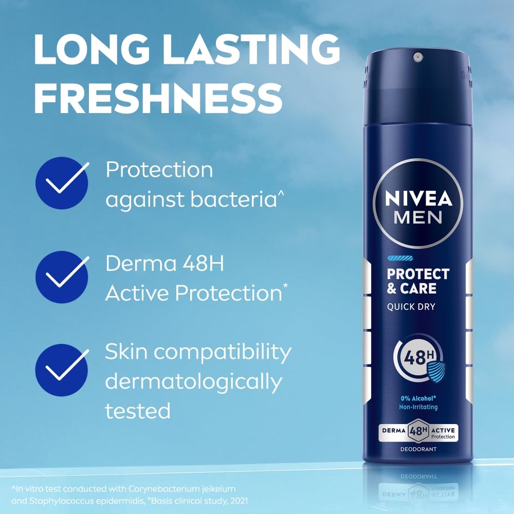 NIVEA MEN Protect & Care Deodorant Spray | Men's Underarm Deodorant with Quick Dry Formula | 48H Active Protection & Long-Lasting Freshness | Skin-Friendly, 0% Alcohol, Dermatologically Tested, 150 ml