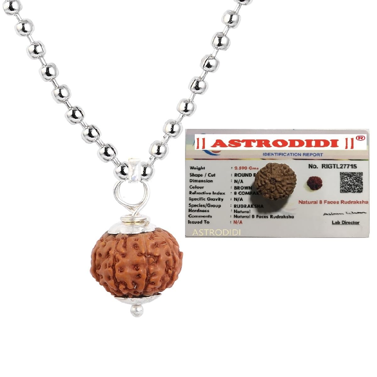 ASTRODIDI 8 Mukhi Rudraksha/Eight Face Rudraksh Pendant Small Size Java Bead With White Metal Capping and Chain for Men and Women