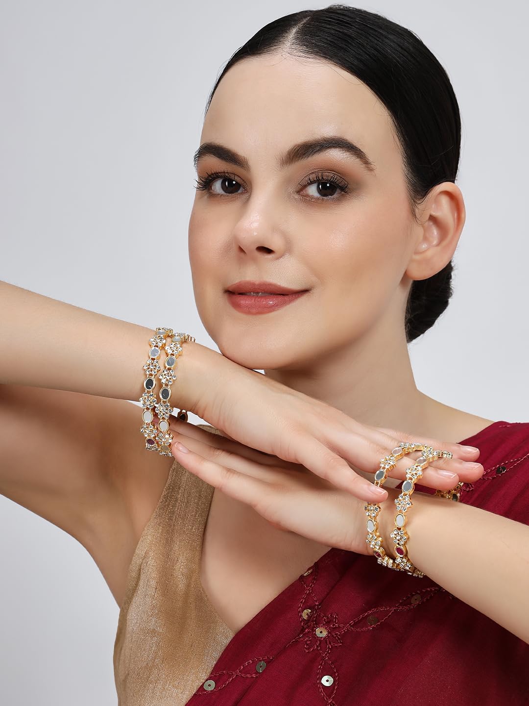 NMII Golden Metal with Zircon Diamond & Mirror Work Bangles Set For Women & Girls | Stylish Girl's Bangles Bracelet | Diamond Stone Bangles | Ethnic Jewellery Set Wedding, Party- Set of 4