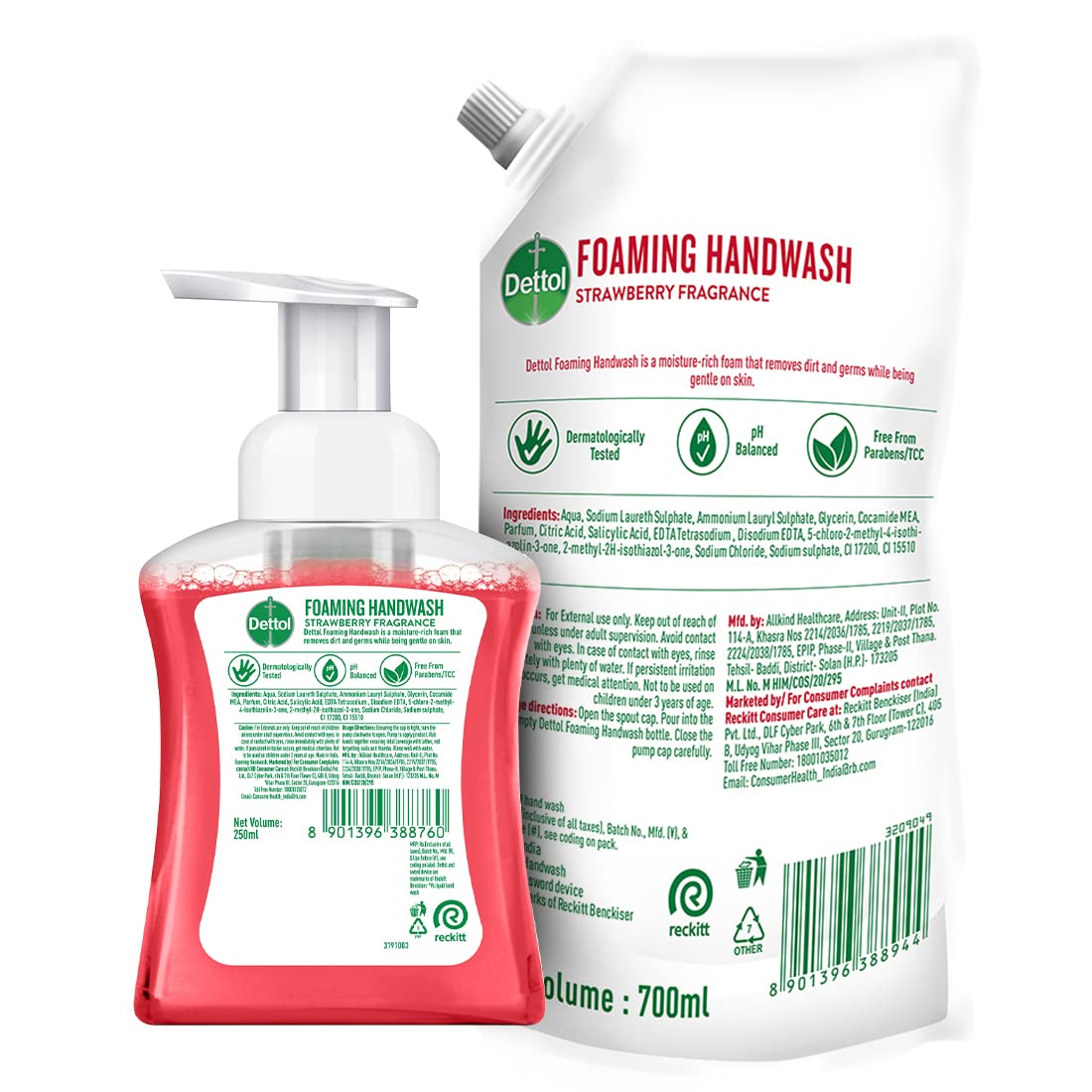 Dettol Foaming Handwash Pump + Refill Combo, Strawberry (250ml + 700ml) | Rich Foam | Moisturizing Hand Wash | Soft on Hands