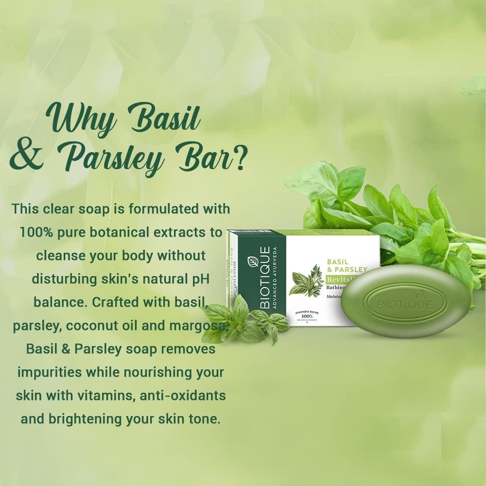 Biotique Basil & Parsley Revitalizing Bathing Bar| Ayurvedic and Organically Pure| Maintains Skin’s Natural pH |100% Botanical Extracts| Suitable for All Skin Types | 75gm