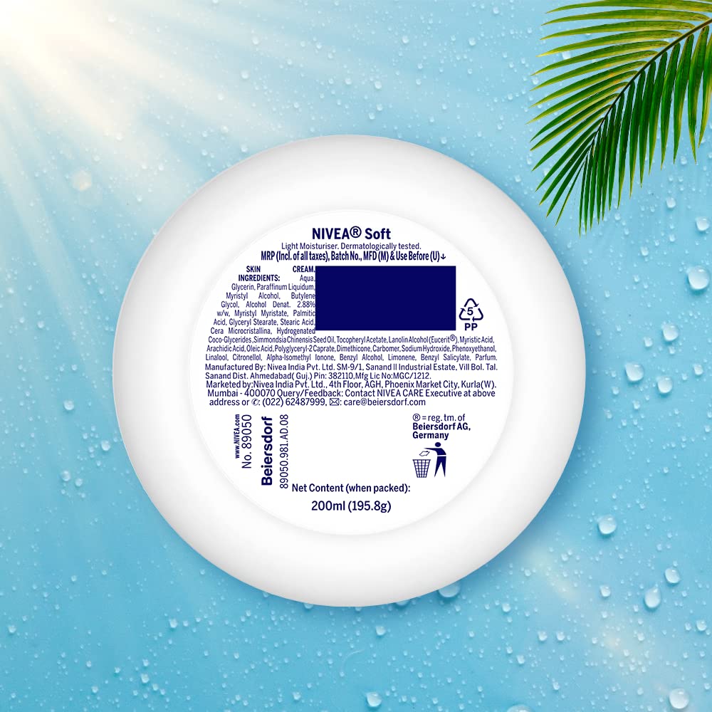 NIVEA Soft Light Moisturizer for Face, Hand & Body, Non-Greasy Cream with Vitamin E & Jojoba Oil for Instant Hydration