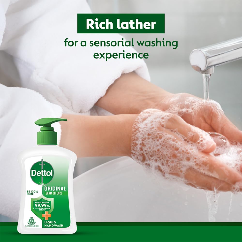 Dettol Liquid Handwash Dispenser Bottle Pump (210ml, - Original Hand Wash | Germ Defence Formula | 10x Better Germ Protection
