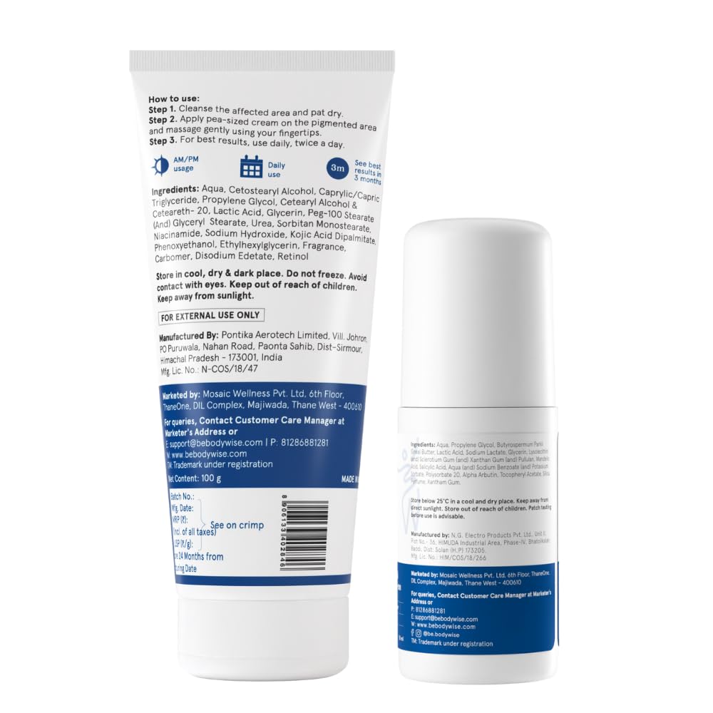 Be Bodywise Underarm Brightening Kit | With 4% AHA BHA Underarm Roll-On (50ml) & Pigmentation Repair Cream (100g) | Reduces Body Odor, Fades Pigmentation & Corrects Uneven Skin Tone