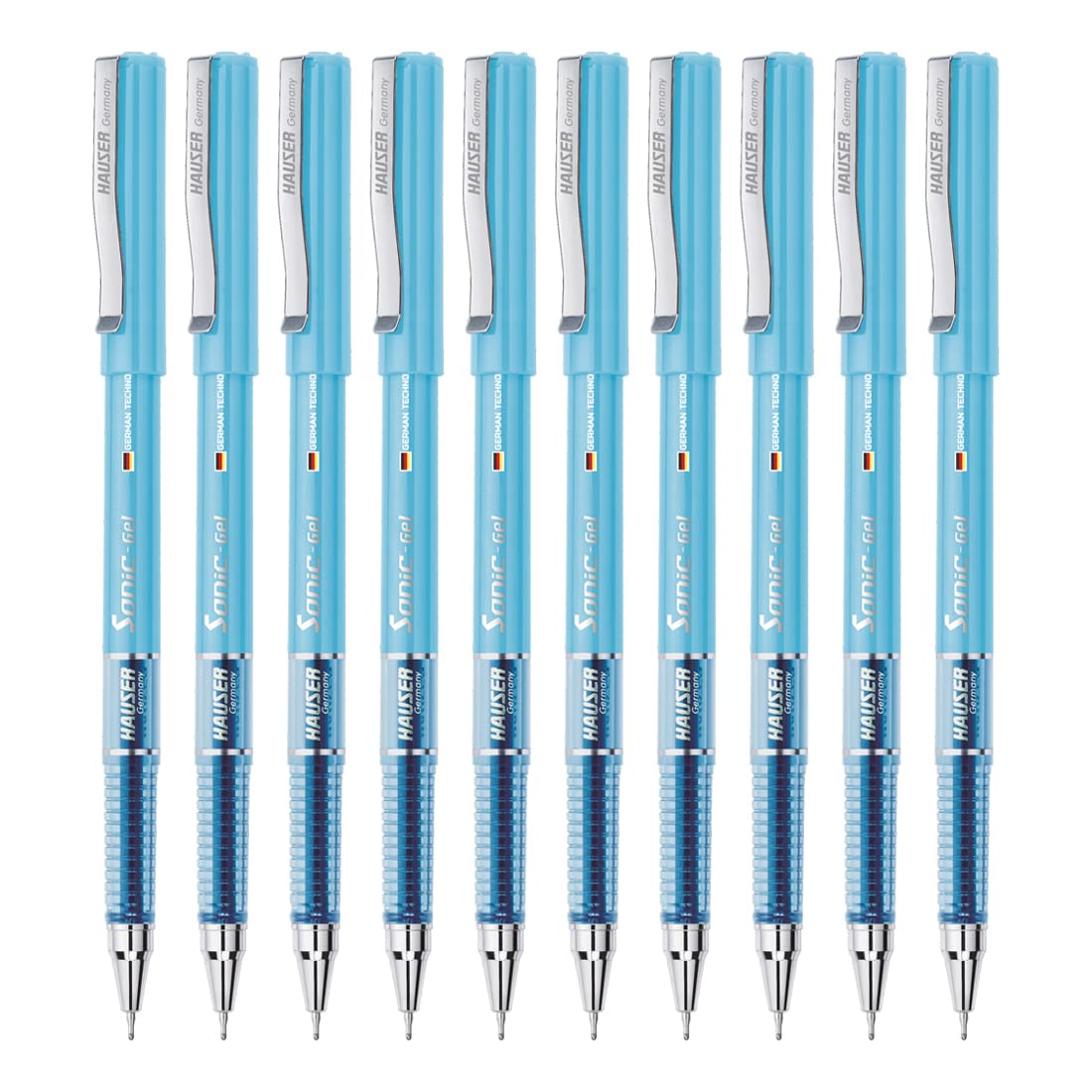 Hauser Sonic Gel Pen Box | Attractive Foiled Body | Stylish Metal Clip | Refillable & Waterproof Gel Ink | German Technology For Smooth & Effortless Writing | Blue Ink, Set Of 10 X 5 Pack