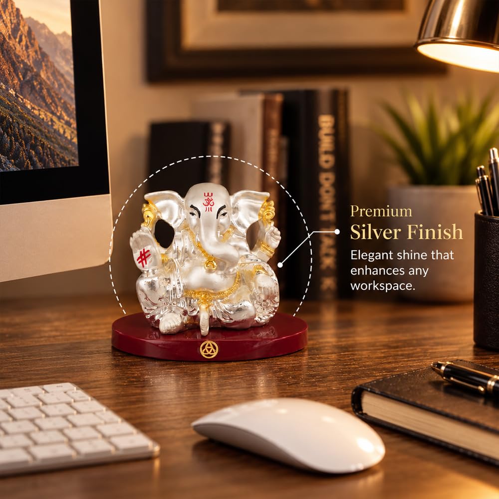 DIVINITI 999 Silver-Plated Lord Ganesha Idol with Gold Accents | Ganpati Murti for Car Dashboard, Home, Office & Puja Room | Diwali & Housewarming Gift with Premium Gift Box | 5 x 7 CM