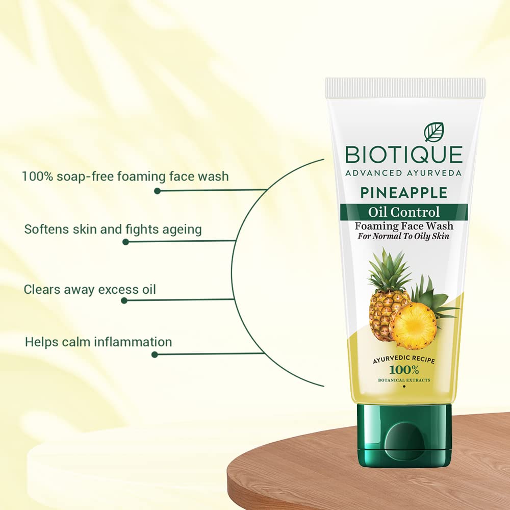 Biotique Pineapple Oil Control Foaming Face Wash | Hydrates dry skin | Eliminates Excess Oil | Evens Skin Tone | 100% Botanical Extracts | Suitable for All Skin Types | 150ml
