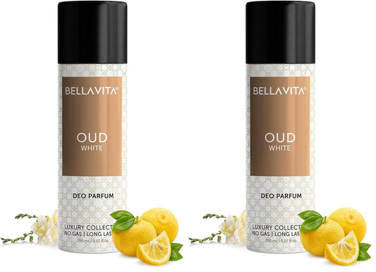 Bella Vita Luxury Oud White No Gas Body Spray Deodorant Parfum For Men With Orange, Fressia & Tobacco | Woody Long Lasting Body Perfume Deo 150 Ml (Pack of 2)