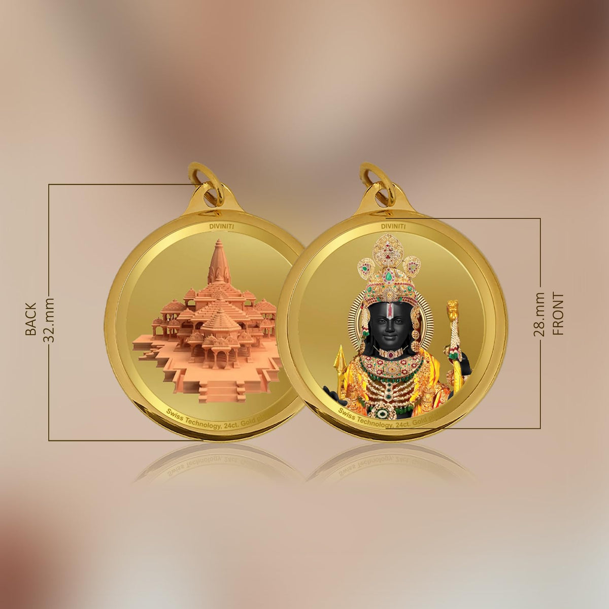 Diviniti 24K Gold Plated Ram Lalla & Ram Mandir Pendant For Men, Women & Kids| 28 MM Double Sided Stylish Pendant Necklace For Girls| Divine God Pendant For Birthday Gift, Anniversary Gift