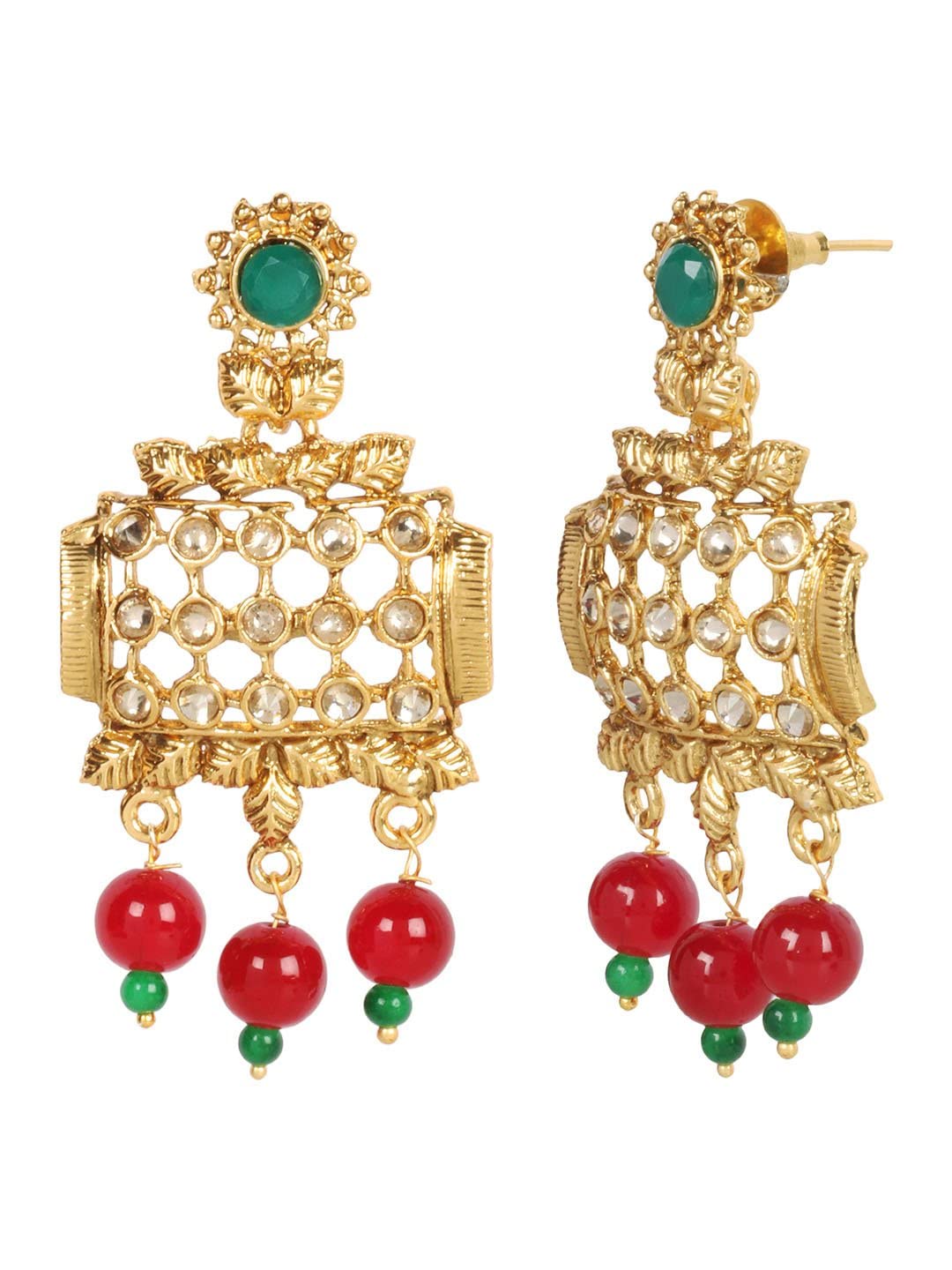 Priyaasi Gold-Plated Leaf Pattern Maroon Beaded Drop Earrings