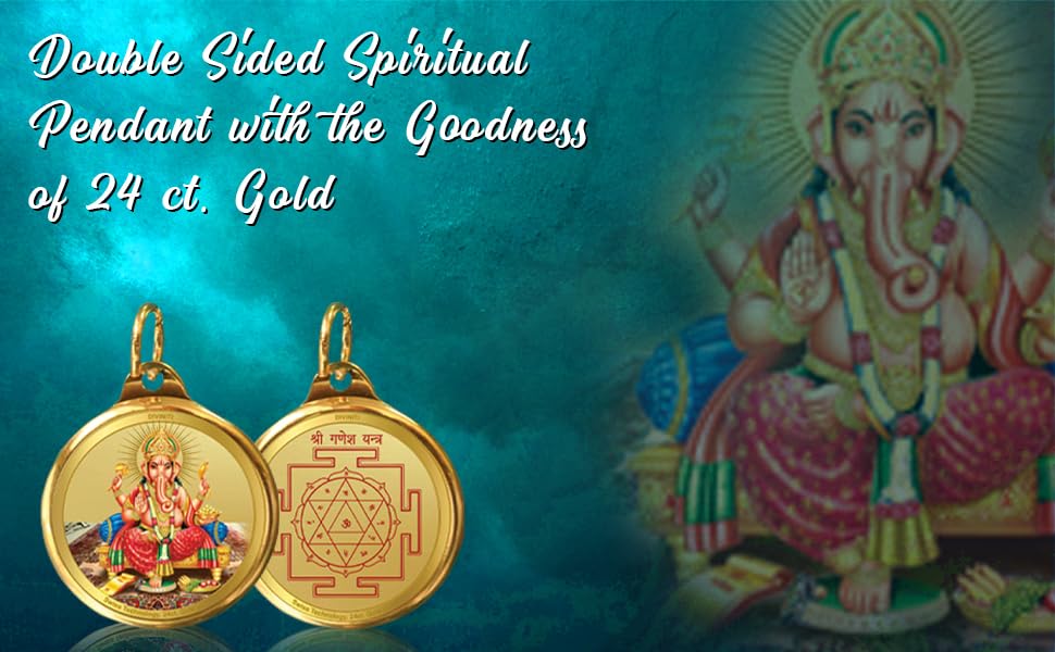 DIVINITI 24K Gold Plated Lord Ganesha & Yantra Double-Sided Pendant with Premium Gift Box, 28 mm Hindu Religious Locket, Luxury Spiritual Jewellery Gift for Men & Women