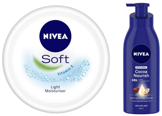 NIVEA Soft Light Moisturiser With Vitamin E, 300ml & Oil in Lotion, Cocoa Nourish, 400ml Combo