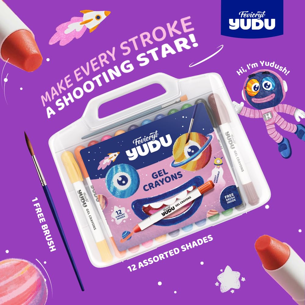 Fevicryl Yudu Gel Crayons | 12 Colours with 1 Brush | Smooth & Mess-Free Creative Art | Twistable, Washable & Water Soluble for Kids & Adults | Ideal Gift for Kids