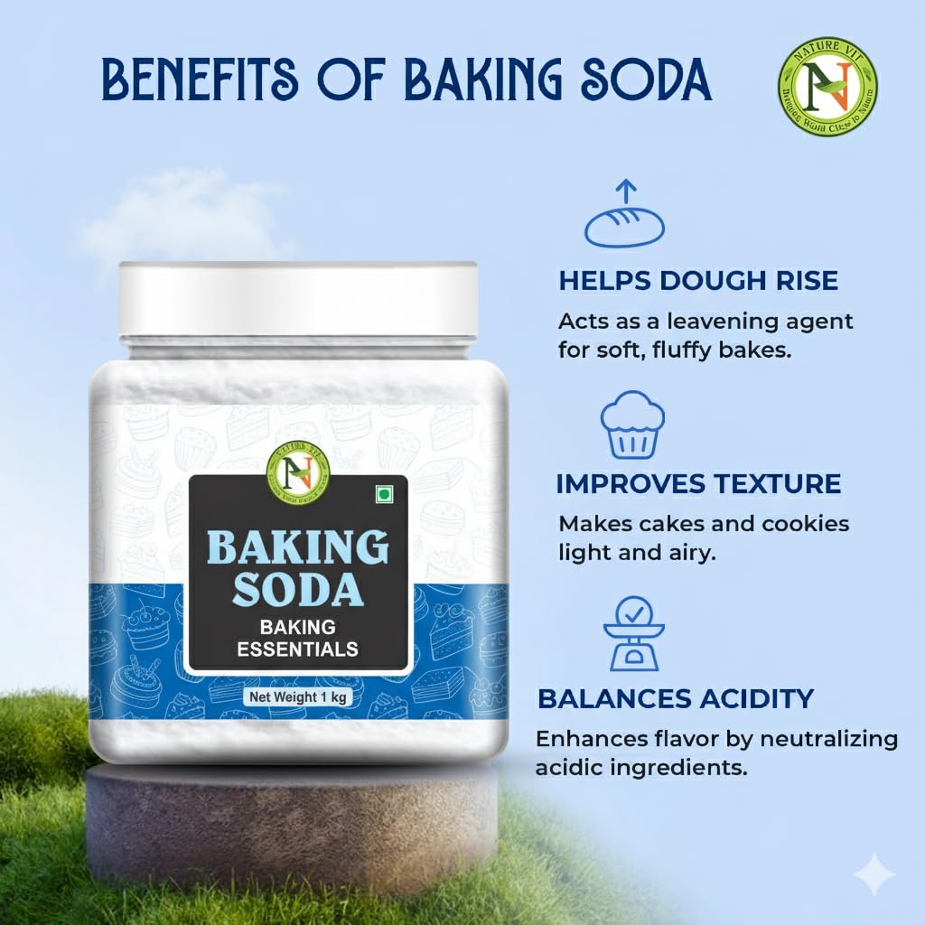 NatureVit Baking Soda 1Kg | Food Grade Sodium Bicarbonate | Triple Refined for Baking, Cooking, Cleaning & Deodorizing | Multipurpose Use