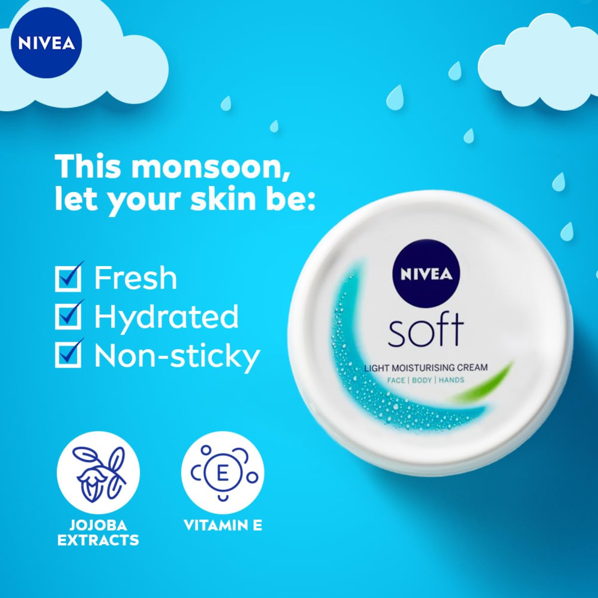 NIVEA Soft Light Moisturizer for Face, Hand & Body, Non-Greasy Cream with Vitamin E & Jojoba Oil for Instant Hydration