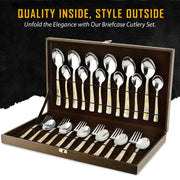 Parage 24 Pieces Premium Stainless Steel Golden Cutlery Set, Home & Kitchen with Gift Box, (6 Pieces Each Table Spoons, Table Forks, Dinner Spoon & Tea Spoons) with Leatherite Box (Moonpress Design)