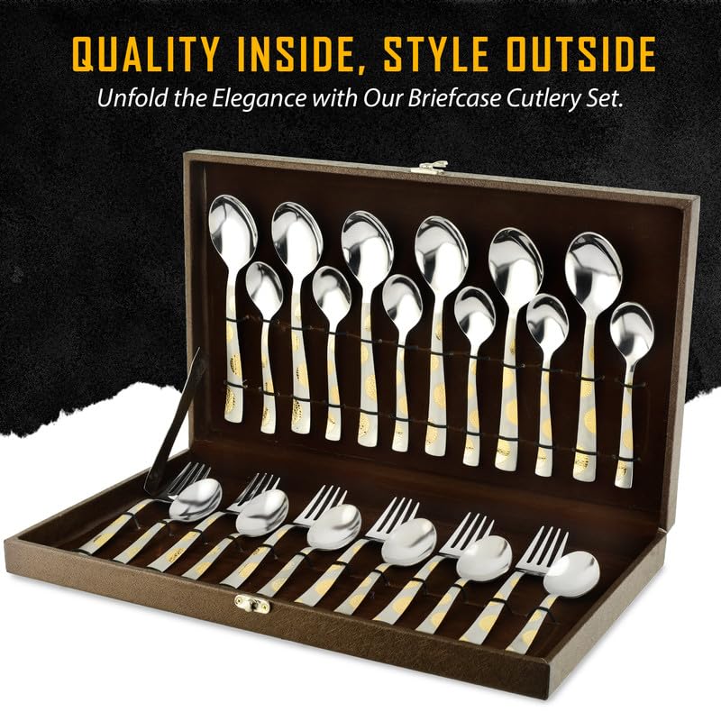 Parage 24 Pieces Premium Stainless Steel Golden Cutlery Set, Home & Kitchen with Gift Box, (6 Pieces Each Table Spoons, Table Forks, Dinner Spoon & Tea Spoons) with Leatherite Box (Moonpress Design)