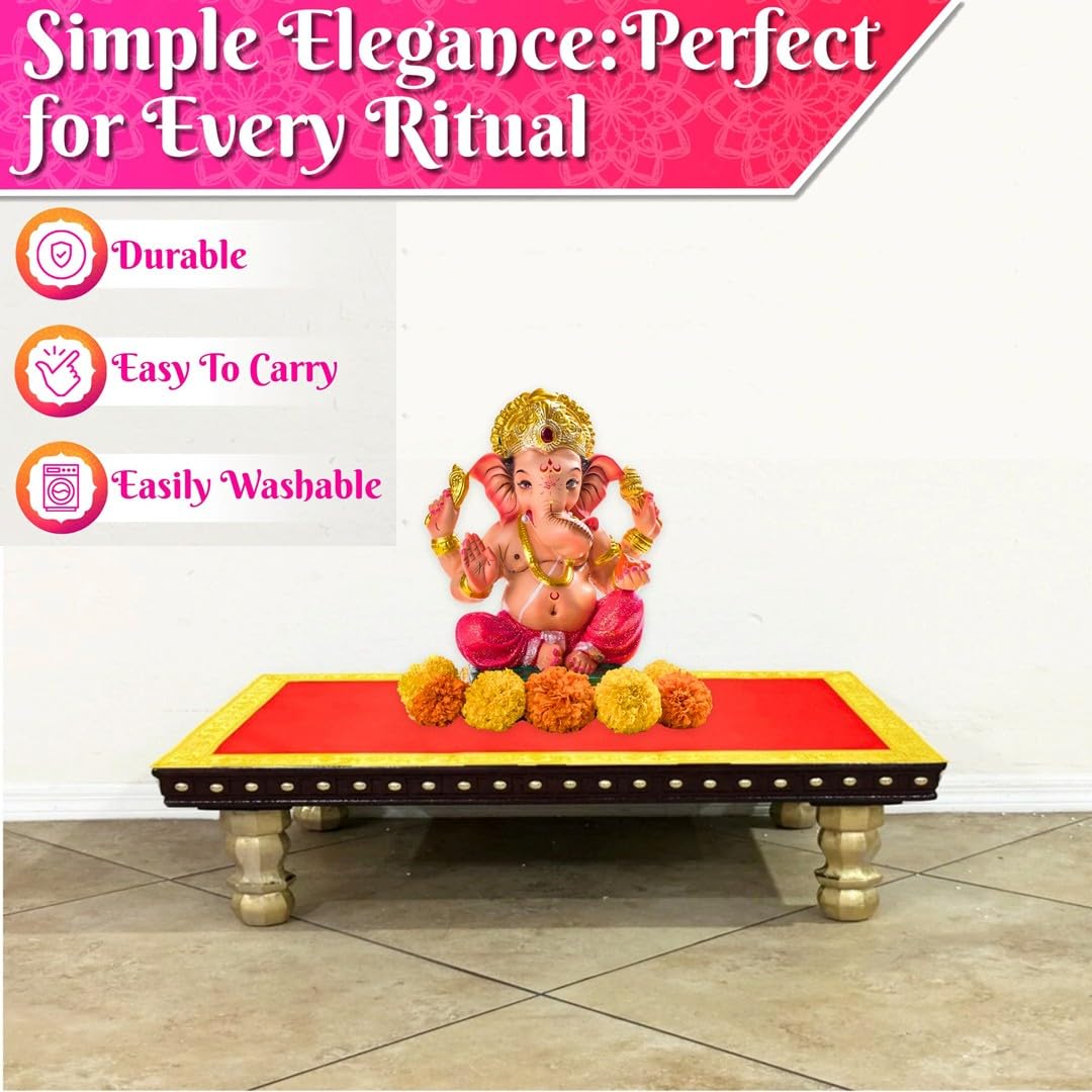 Bhakti Lehar Red Velvet Pooja Cloth | Aasan for God Idol Sitting, Mandir Shelf, Puja Chowki Table and Home Temple Decoration - Pack of 1 (10 x 30 Inch)