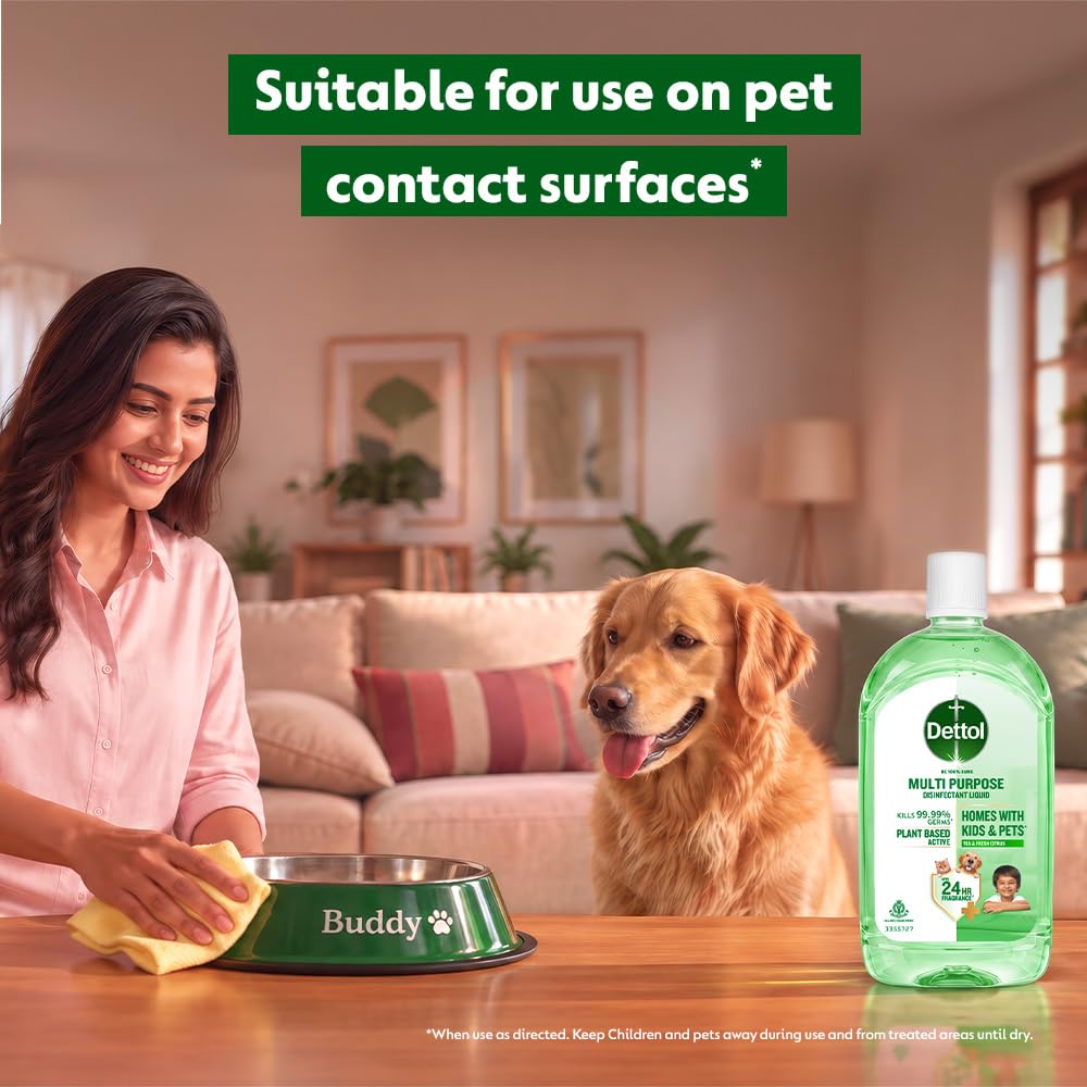 Dettol Plant-Based Disinfectant Liquid 1L, Tea & Fresh Citrus Fragrance – Kids Safe & Pet Friendly | Multi-Purpose Cleaner for Floor & Laundry | Kills 99.99% Germs