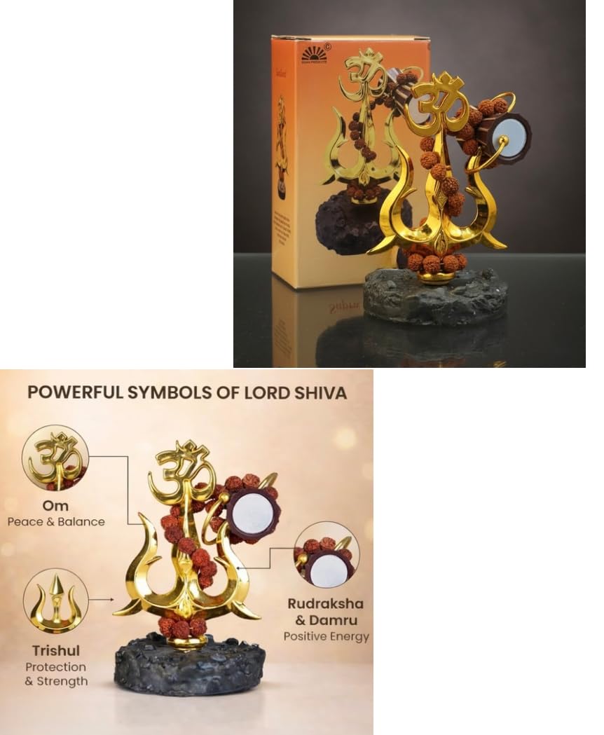 RUDRADIVINE Lord Shiva Om Trishul with Damru & Rudraksha Mala Idol | Mahadev Spiritual Statue for Home Temple, Car Dashboard, Pooja Decor