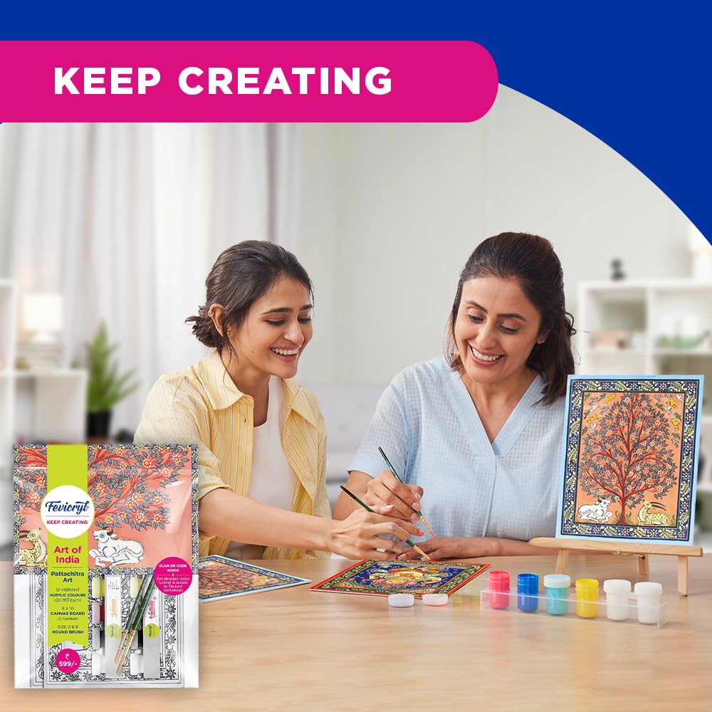 Fevicryl Art of India Pattachitra Kit, Acrylic Paints 12 Shades, 2 Round Brushes, 2 Pre-Designed Canvases, Ideal for Festive Gifting, Artists, Students