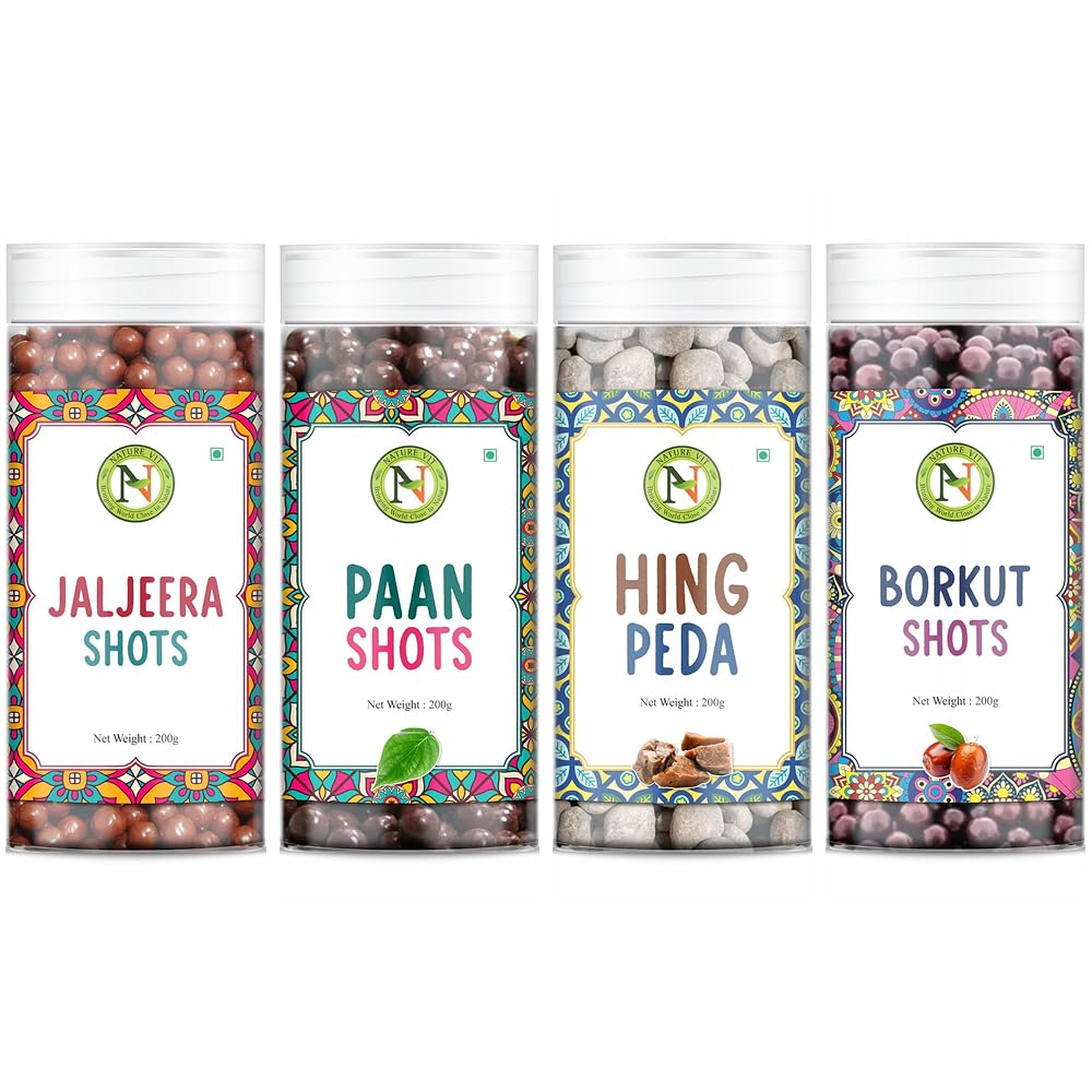 NatureVit Shots Combo Pack 800g (4 x 200g) | Borkut Shot, Paan Shot, Hing Peda & Jaljeera Shot | Tangy Digestive Mouth Freshener | Sweet & Spicy After Meal Treat