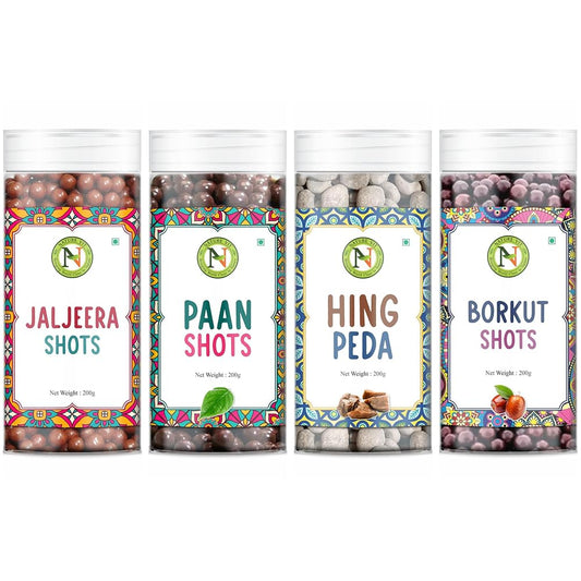 NatureVit Shots Combo Pack 800g (4 x 200g) | Borkut Shot, Paan Shot, Hing Peda & Jaljeera Shot | Tangy Digestive Mouth Freshener | Sweet & Spicy After Meal Treat