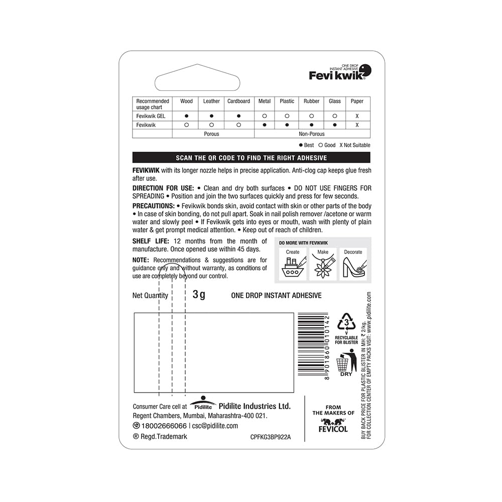Pidilite Fevikwik One Drop Instant Adhesive | For Instant Sticking And Strong Bond | Multipurpose Use | Non-Stick, Non-Staining | 3G, Pack Of 12