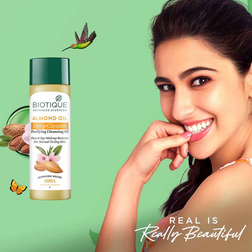 Biotique Almonmd Oil Deep Cleanse Purifying Cleansing Oil Face & Eye Makeup Remover For Normal to Dry Skin, 120ml & Biotique Bio Fruit Whitening/Brightening Lip Balm, 12g