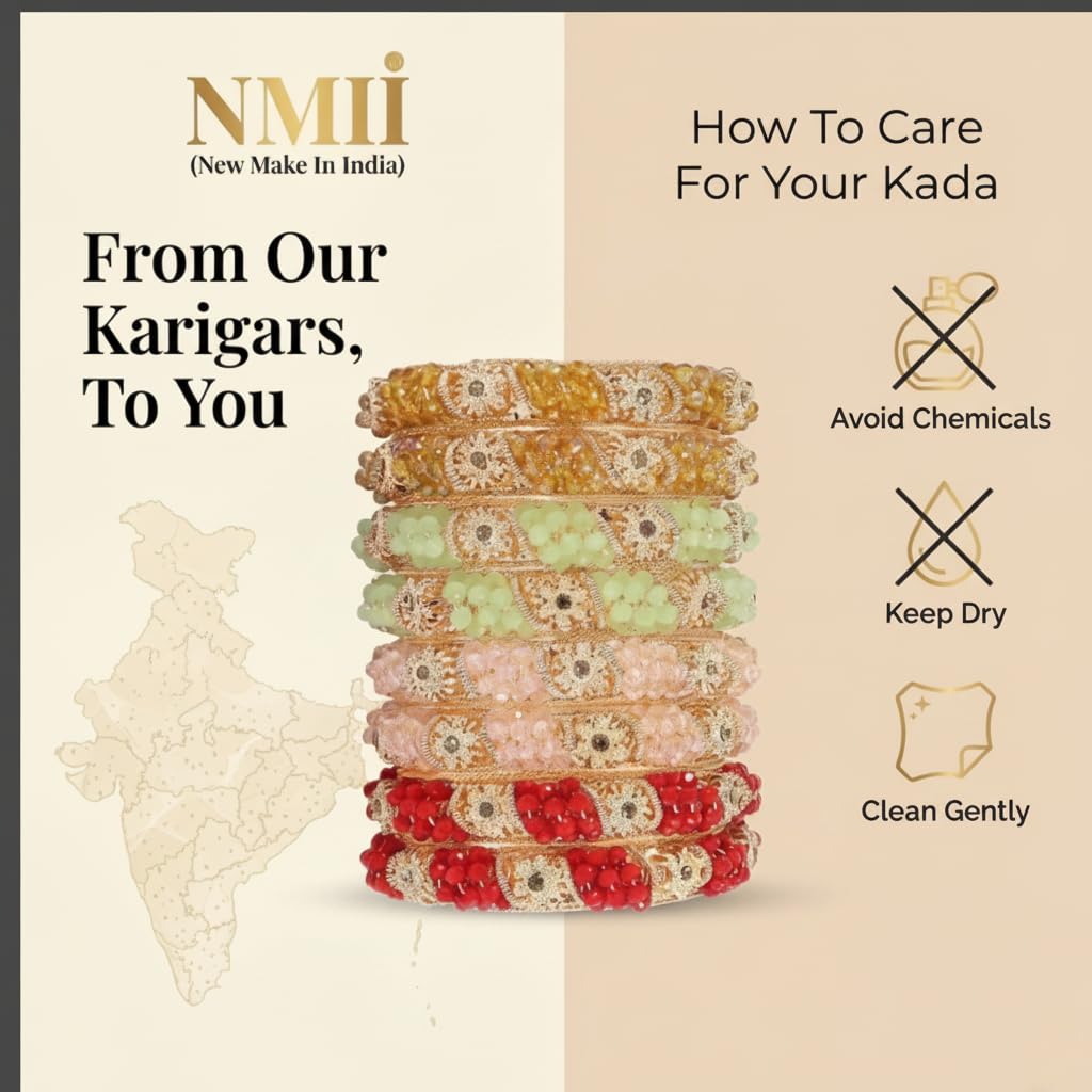 NMII Non-Precious Metal With Base Metal And Zircon Gemstone Or Colourful Beads Studded On Flower Glossy Finished Kada Set For women and Girls