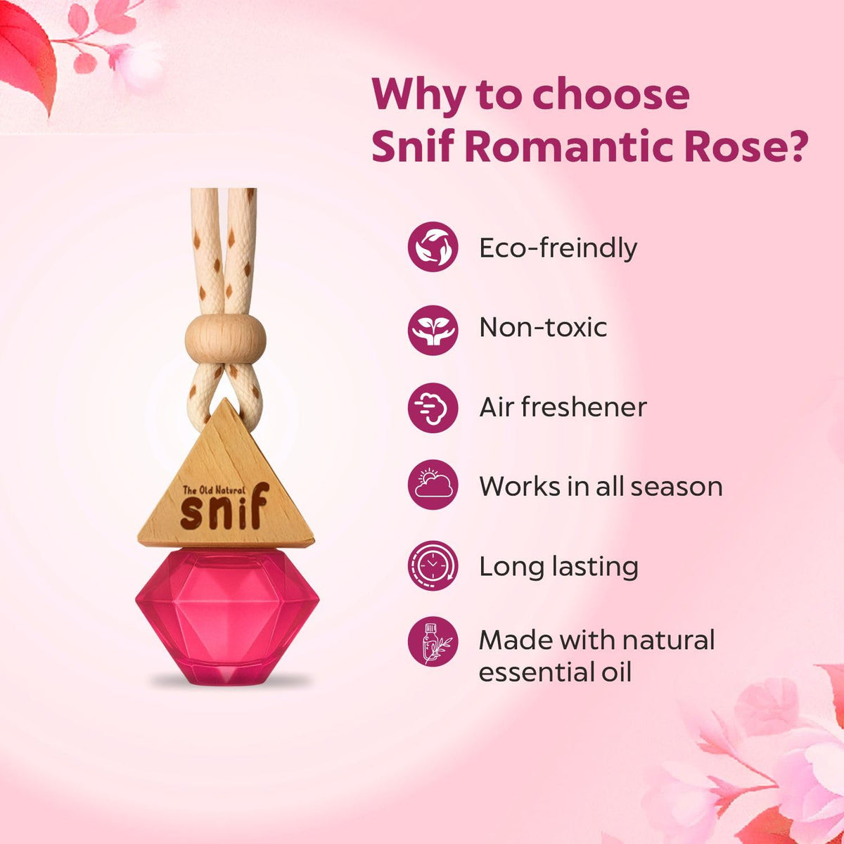 The Old Natural Snif Diamond Hanging oil Car Perfume | Car Air Freshener with Refill Pack (Romantic Rose 10ml + 15ml Refill Pack)