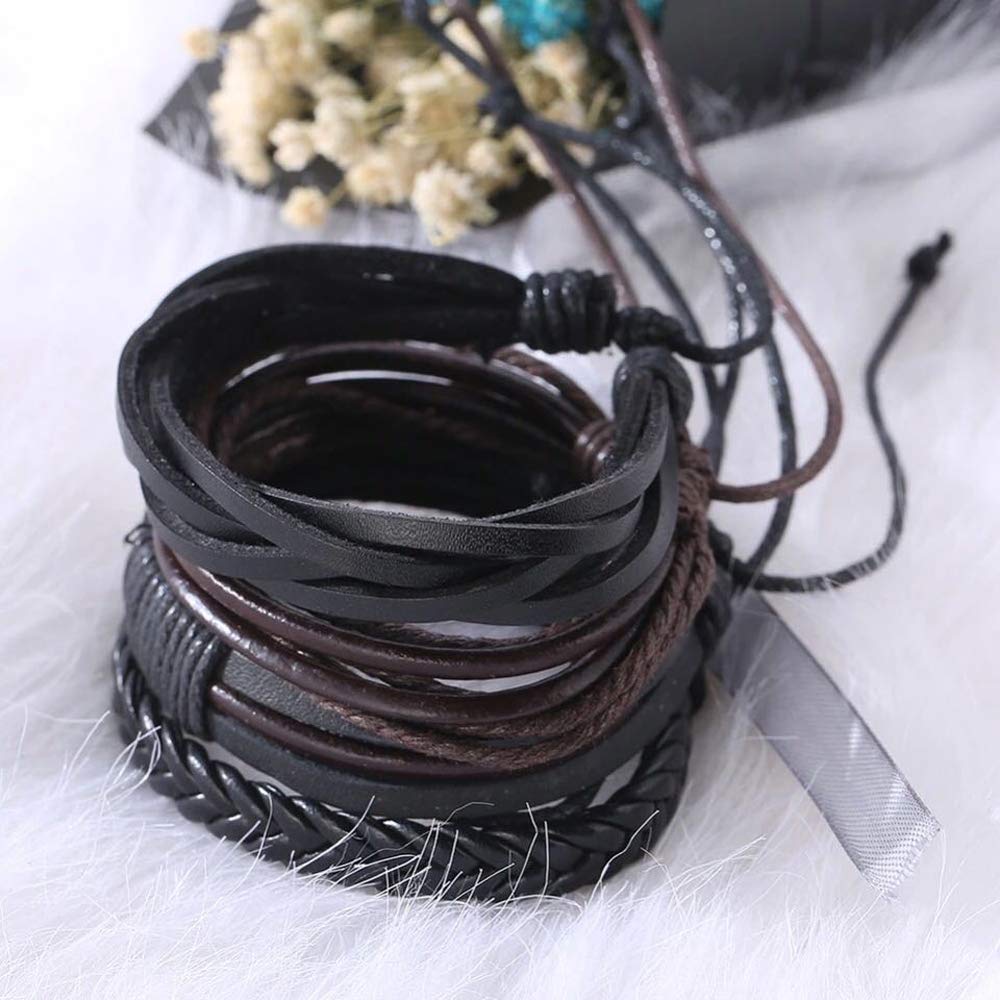 Shining Diva Fashion Multicolour Genuine Leather Stylish Bracelets for Men and Boys-(9870b, Set of 4)