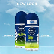 NIVEA Men Fresh Power Underarm Roll-On Deodorant|72 H Long Lasting Freshness|Fights Bacteria And Body Odour|Fresh Musk Fragrance|0% Alcohol|Dermatologically Approved & Paraben Free Formula|50Ml