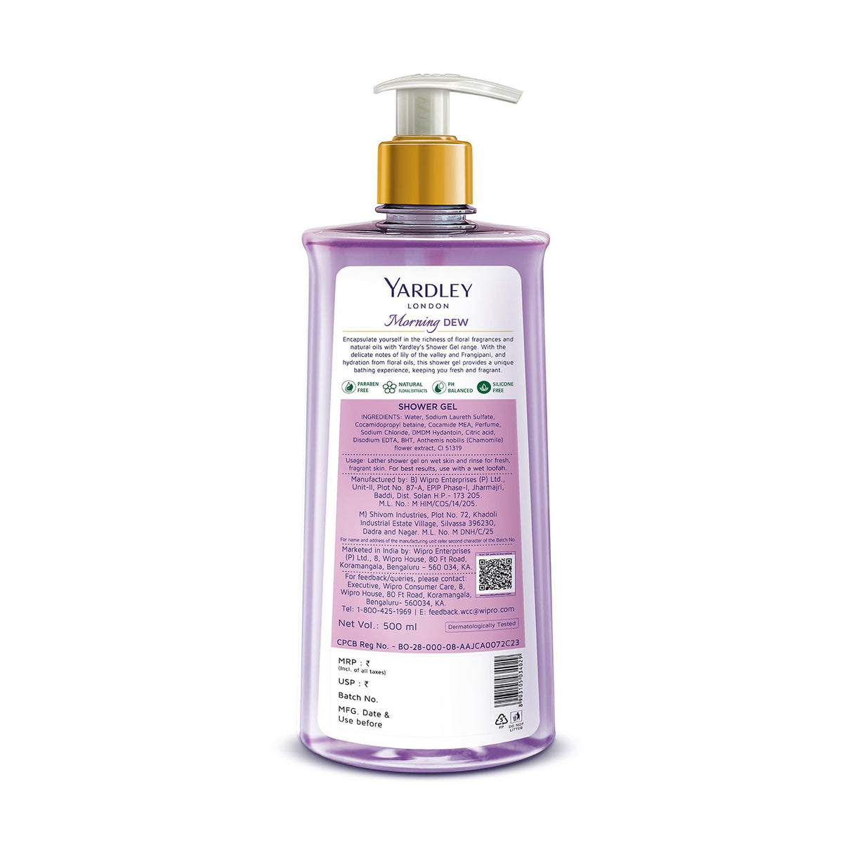 Yardley London| Shower Gel| Morning Dew| With Natural Oils Of Lily Of The Valley & Frangipani| No Parabens| No Silicones | 500ml