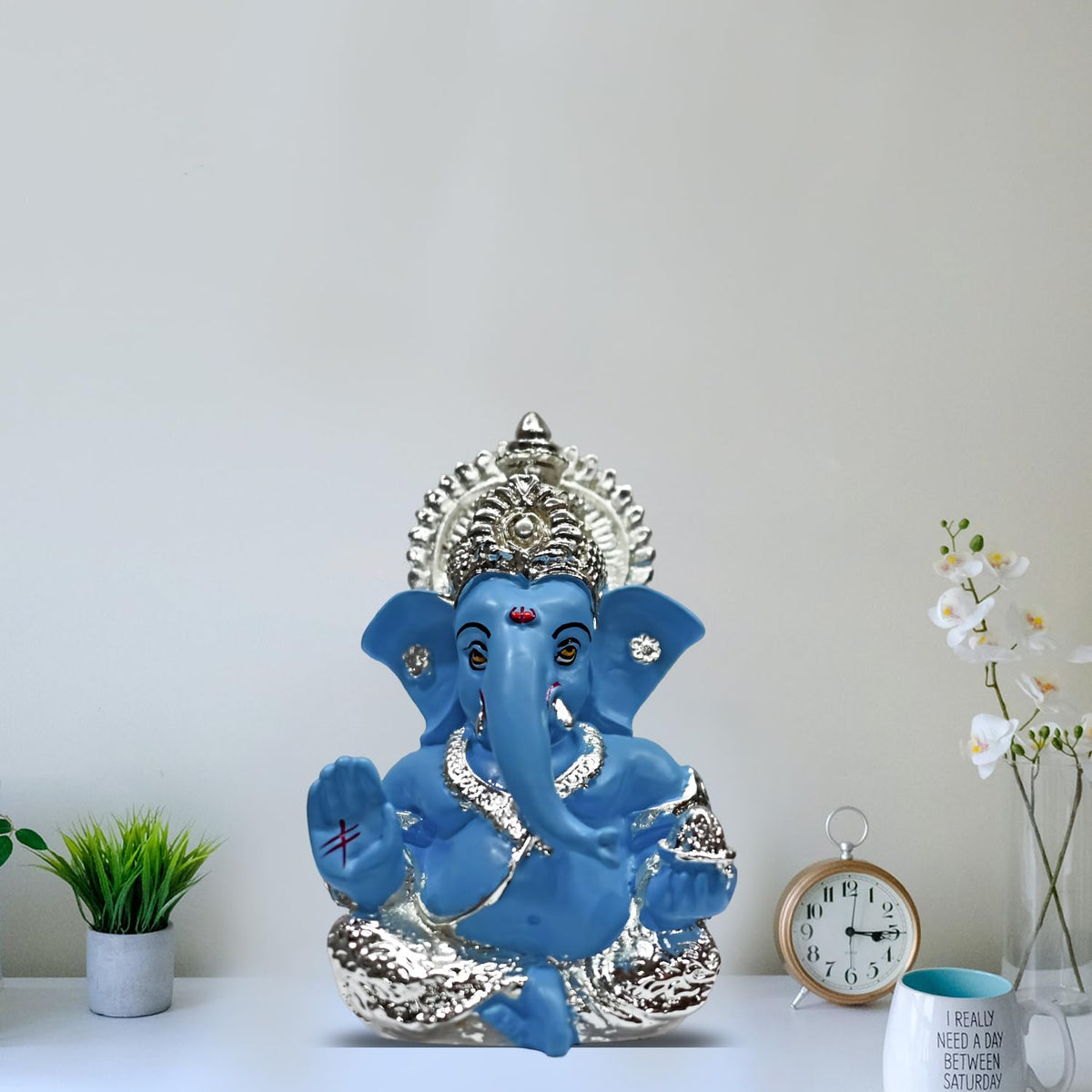 DIVINITI 999 Silver Plated Ganesha Idol for Car Dashboard Puja |Ganesh Idol for Car Dashboard Ganpati for Gift 3.5 inches |Ganesh Statue Gift for Puja Room Figurine (8.89 x 5.08 cm) (Sky Blue)