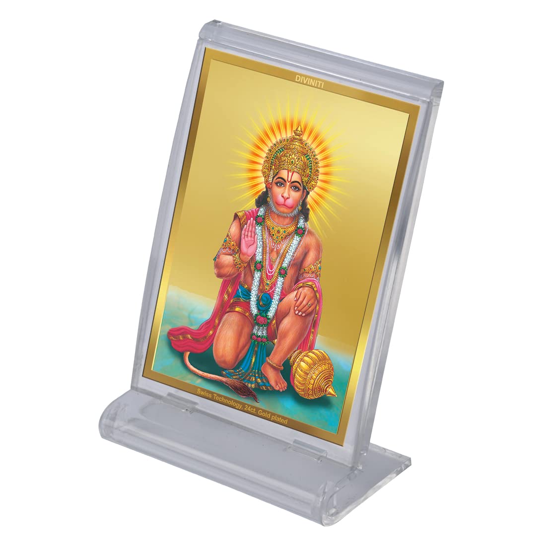 DIVINITI 24K Gold Plated Religious Car Dashboard Frame | Premium God Idol Frame for Car, Home Mandir & Office Table | Spiritual Gift, Decorative Showpiece | Hanuman Ji