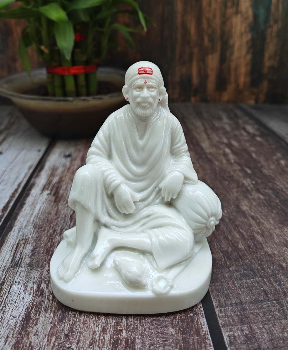 SHINDE EXPORTS shirdi saibaba Idol Marble/saibaba Idol for car Dashboard 11 cm (White Lacquered dwarkamai)