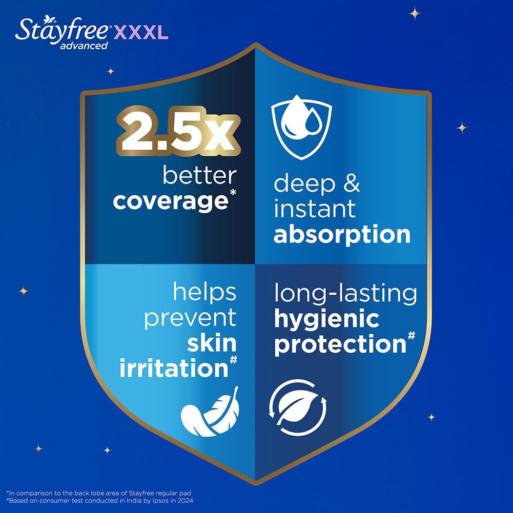 Stayfree Advanced XXXL+ Thin Sanitary Pads for Women | 8 Soft Cotton Pads for All Night Ultra Comfort | Absorbs 2x More with Wider Back | Prevent Rashes | Odour Control