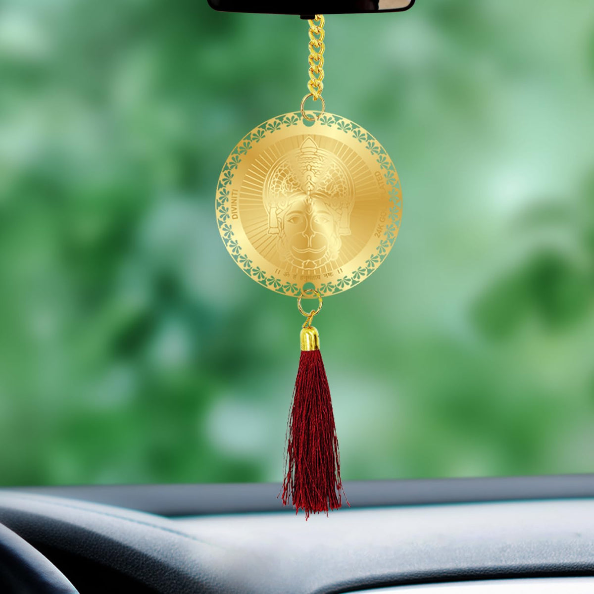 Diviniti 24K Gold Plated Lord Hanuman Ji and Yantra Sankatmochan Double Sided Car Dangler Hanging & New House Entrance Welcome Luxurious Decor for Car Divine Accessories for Positive Energy