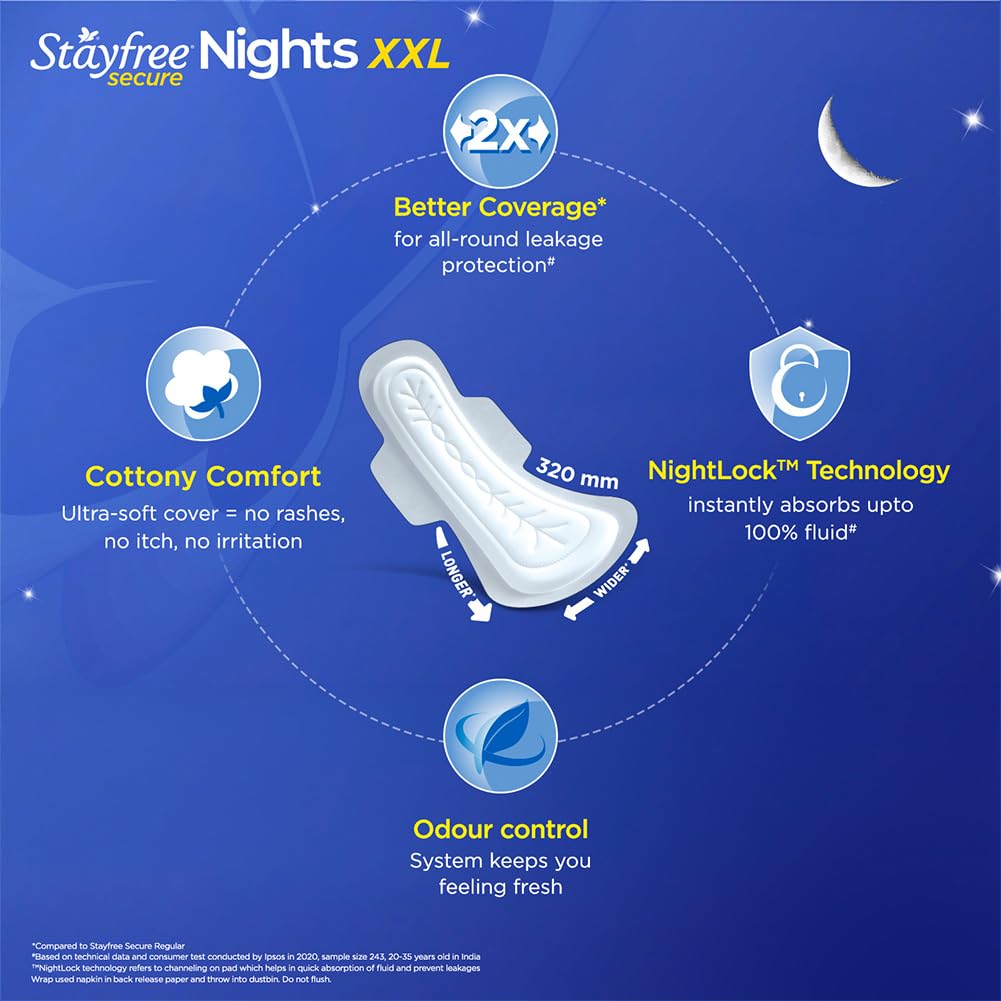 Stayfree Secure Nights XXL Sanitary Pads for Women | 98 Pads Combo Pack| Cottony Soft Cover | Upto 100% leakage protection | Buy XXL at XL price | Absorbs 2x Faster with Wider Back (SFSN40x2+20)