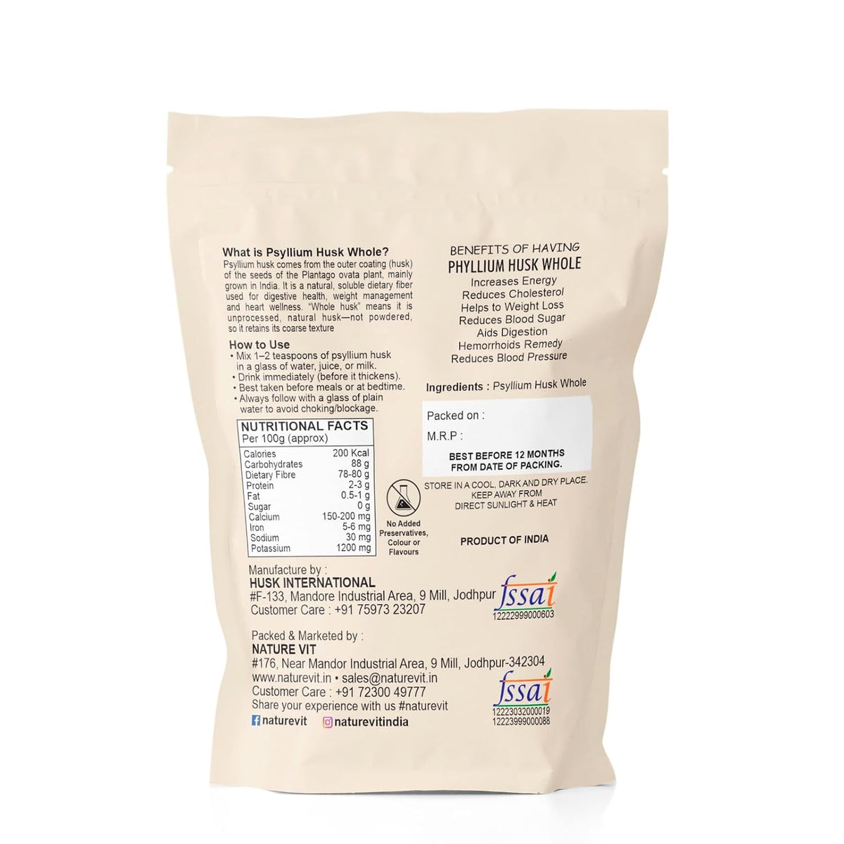 NatureVit Psyllium Whole Husk, 200g [Sat-Isabgol] [Fiber Supplement, Perfect for Keto Bread and Gluten Free Baking]